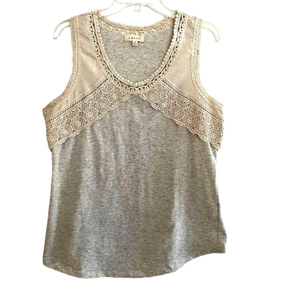Adiva Womens Heather Gray Crochet Lace Trim Tank Top Scoop Neck Boho Size L